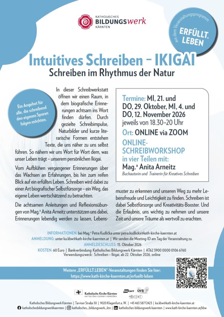 Flyer der Ikigai Schreibwerkstatt online mit Anita Arneitz, Katholisches Bildungswerk Kärnten
